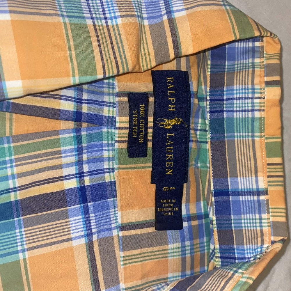 Ralph Lauren Men's Blue and Orange Plaid Shirt